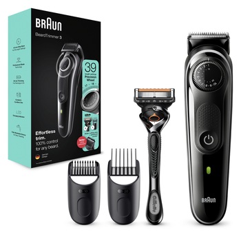 Aparat de tuns barba Braun Beard Trimmer BT3342, Wet&Dry, buton rotativ de precizie, 39 de setări pentru lungime, 2 piepteni, Aparat de ras Gillette, Gri