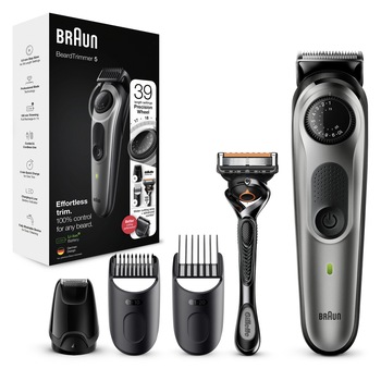 Aparat de tuns barba Braun Beard Trimmer BT5365, Wet&Dry, buton rotativ de precizie, 39 de setări pentru lungime, 2 piepteni, 1 mini cap de ras cu lama, Aparat de ras Gillette, Argintiu