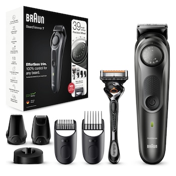 Aparat de tuns barba Braun Beard Trimmer BT7340, Wet&Dry, buton rotativ de precizie, lame de metal, 39 de setări pentru lungime, 2 piepteni, 2 accesorii extra, Aparat de ras Gillette, Saculet de voiaj, Negru/Gri metalic