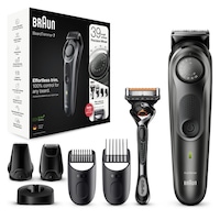 Aparat de tuns barba Braun Beard Trimmer BT7340, Wet&Dry, buton rotativ de precizie, lame de metal, 39 de setări pentru lungime, 2 piepteni, 2 accesorii extra, Aparat de ras Gillette, Saculet de voiaj, Negru/Gri metalic