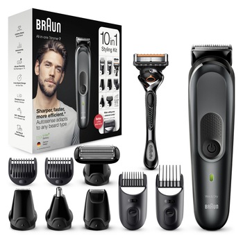Aparat de tuns multifunctional Braun MGK7321 Wet&Dry, 13 de setări pentru lungime, 10 in 1, 4 piepteni, 5 accesorii extra, Aparat de ras Gillette, Negru/Gri