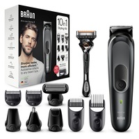 Aparat de tuns multifunctional Braun MGK7321 Wet&Dry, 13 de setări pentru lungime, 10 in 1, 4 piepteni, 5 accesorii extra, Aparat de ras Gillette, Negru/Gri