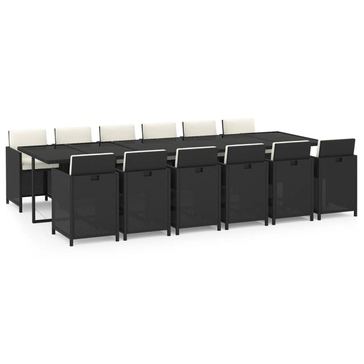 Set mobilier de exterior cu perne vidaXL, 13 piese, negru, poliratan, 70.6 kg