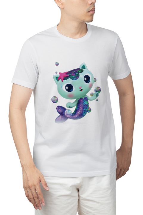 Tricou barbati Gabby's Dollhouse Mercat Plush Pisica Familie Sirena Papusa, alb, marime S