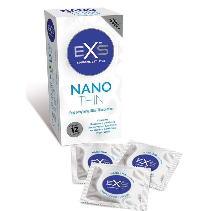 Комплект от 12 презерватива EXS Nano Thin, латекс, 190 mm, прозрачен