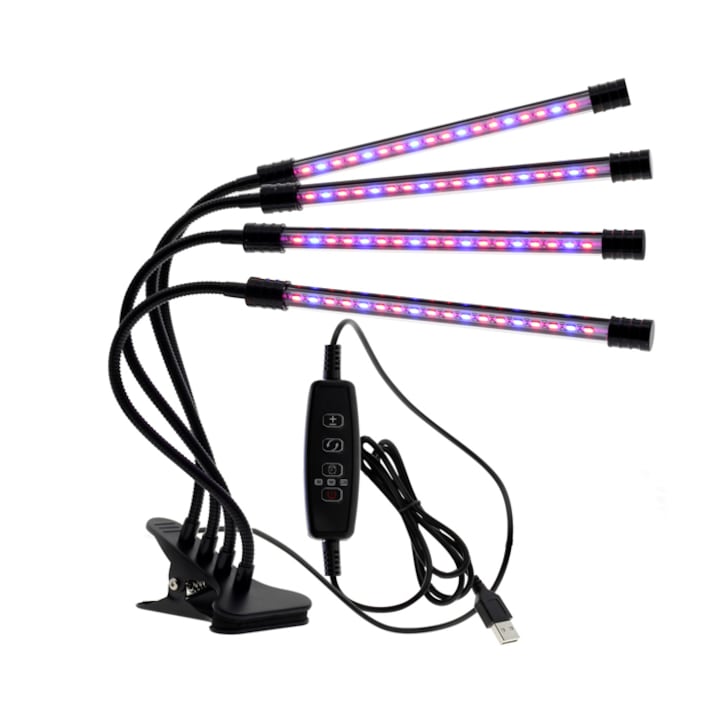 Lampa UV full spectrum pentru cresterea plantelor cu 4 picioare flexibile, NUODWELL, 40 w, temporizator, 9 trepte intensitate, Negru