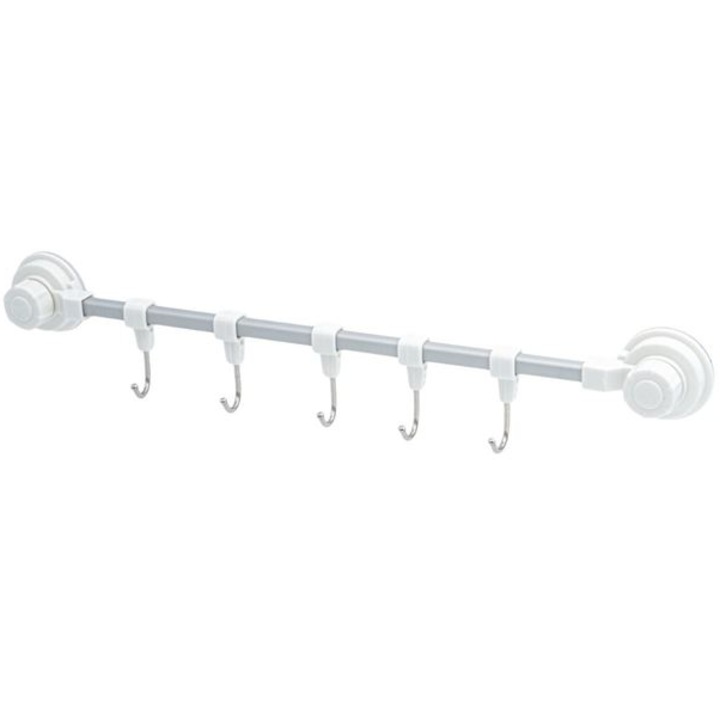 Cuier pentru baie cu 5 carlige si ventuze, Alb, 40 cm