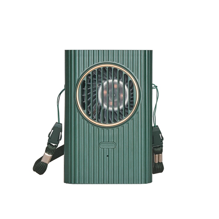 Ventilator portabil cu snur pentru gat, cu suport pentru suprafete drepte, 3 trepte ventilatie, incarcare USB, acumulator 2000 mAh, 4 W, Ideas4Comfort, verde