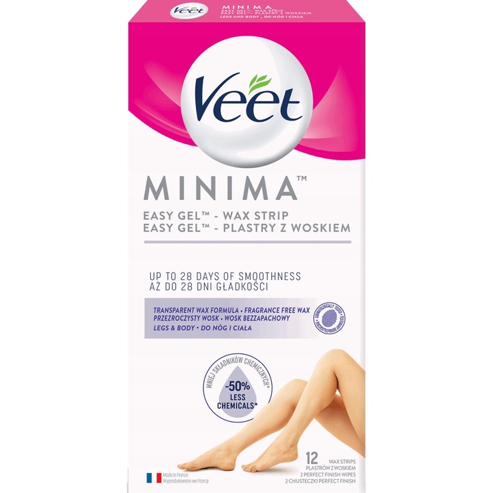 Benzi depilatoare Veet MINIMA pentru piele sensibila, 12 benzi + 2 servetele