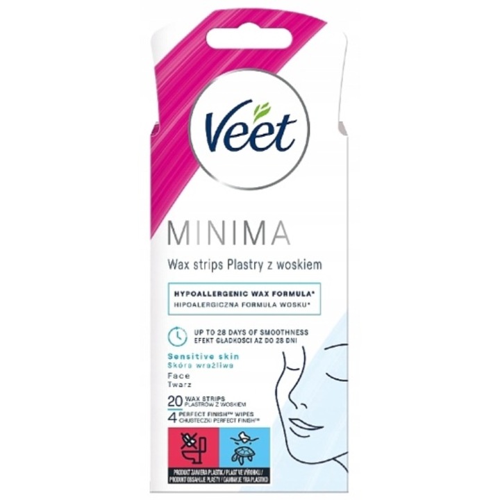 Benzi depilatoare pentru fata Veet MINIMA pentru piele sensibila, 20 benzi + 4 servetele
