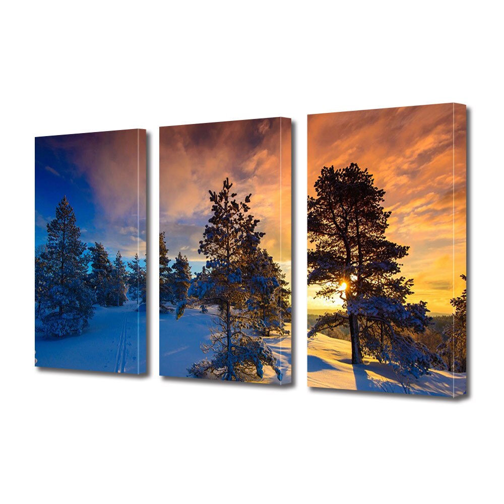 Tablou Multicanvas 3 Piese Sarbatori Craciun Apus dupa copaci 25 x 45 cm