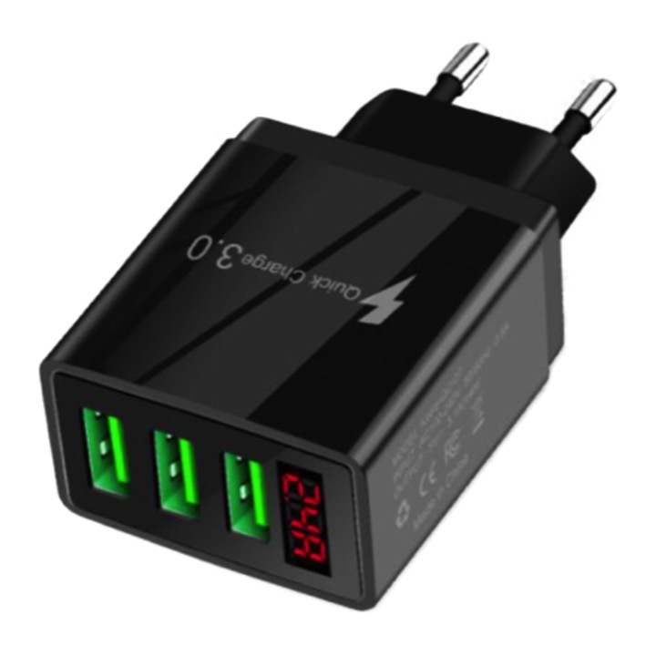 Incarcator priza 3 USB cu display LED Inteligent negru Adaptor 220V