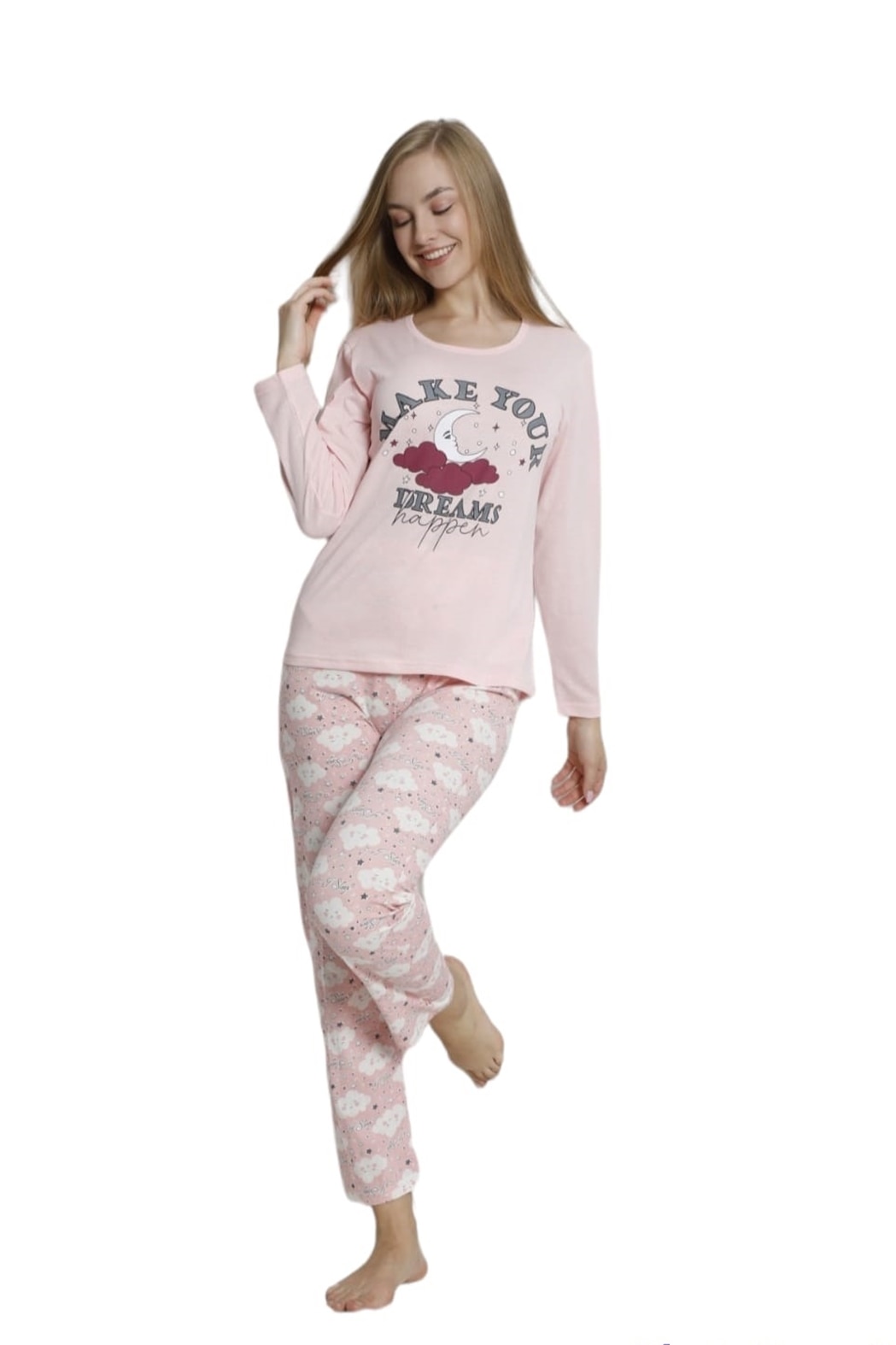 Talk Pollinator Made a contract Pijama dama din bumbac, imprimeu luna, roz S maneca lunga pantaloni lungi -  eMAG.ro