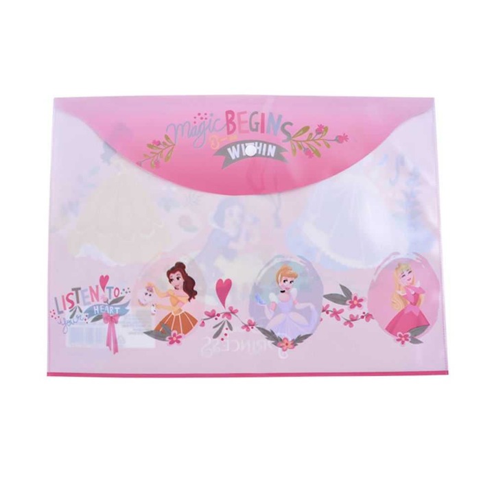 Mapa din Plastic cu Buton A4 pentru Fete, Model Princess, Culoare Multicolor