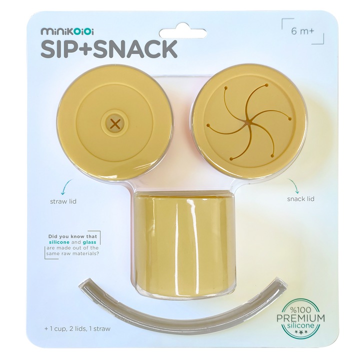 Set cana cu pai si recipient gustari Minikoioi, 100% Silicon, Mellow Yellow