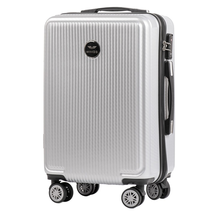Куфар Wings PC 565, за ръчен багаж, Поликарбонат, С 4 колела, 55 см, Сребрист
