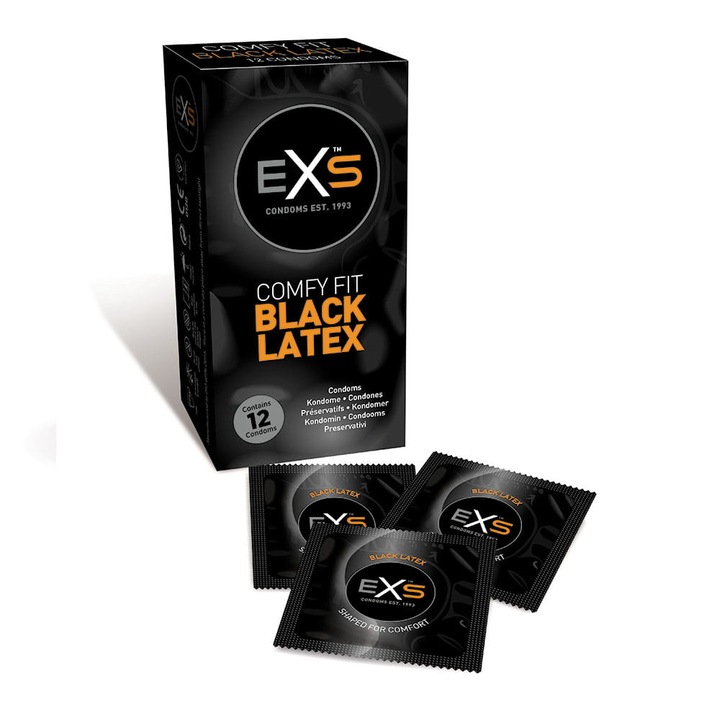Комплект от 12 презерватива Exs, Латекс, Черен