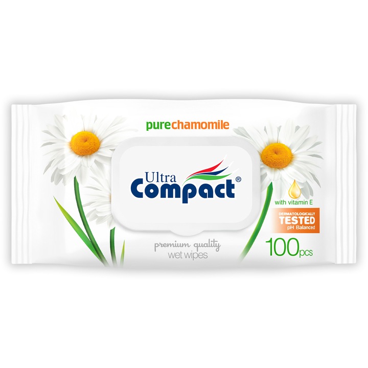 Servetele Umede Premium cu Musetel Pure Chamomile| 100 bucati |Grosime+ (43 gsm) | Marime+ (16 x 19 cm) | Ultra Compact