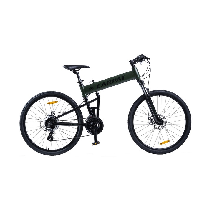 Bicicleta Pliabila MTB din aluminiu cu Roti de 26", Schimbatoare Shimano Altus, Furca blocabila, Frane DISC-fata/spate, 24 Viteze, verde/negru, Folding Mountain Bike Carpat Super Sport Genius