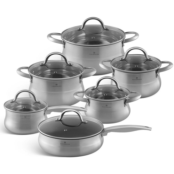 Set de gatit Edenberg, 12 buc, Otel inoxidabil/Sticla termorezistenta, Gri