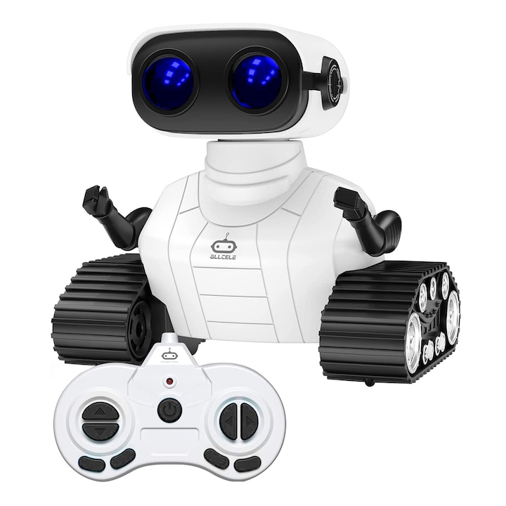 Jucarie Robot RC Inteligent, cu telecomanda, Ochi LED, sundiguer, Alb