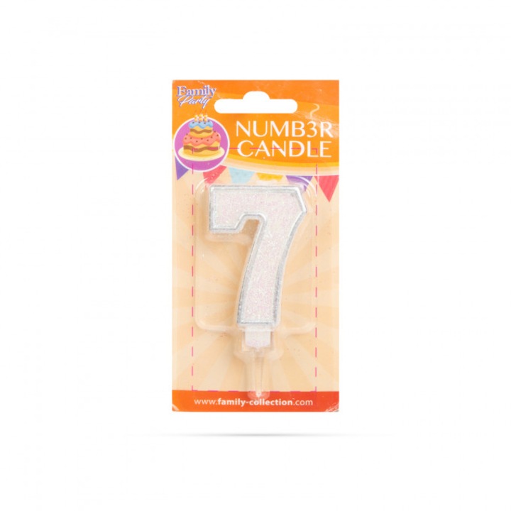 Lumanare pentru tort cifra "7", alba cu ornament roz