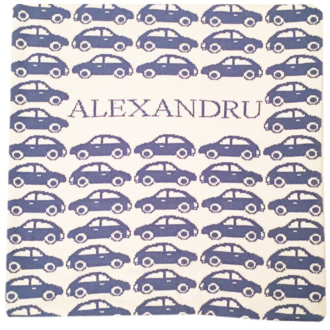 Fata de perna pesonalizata Alexandru, albastra, 40 x 40 cm din bumbac organic