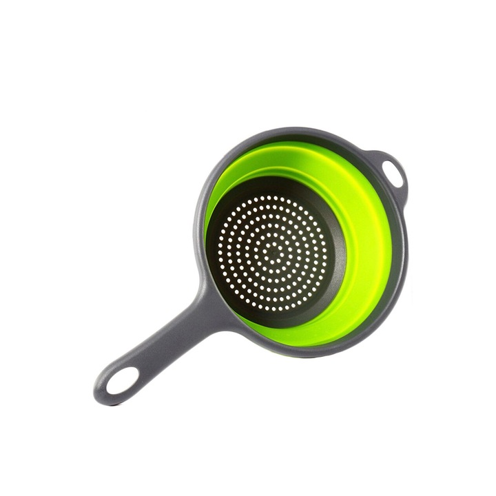 Vas strecuratoare StrainerFold, pliabil pentru fructe si legume, silicon, material rezistent, 35x20 cm, cu maner, verde/gri, Doty