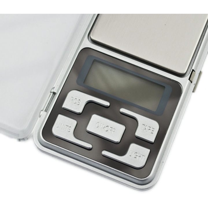 Cantar de precizie de buzunar, ideal pentru bijuterii, 0,01-200 g, 12 cm x 6,5 cm x 2 cm, argintiu