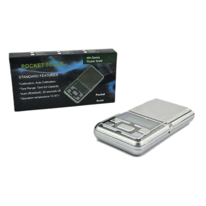 Cantar de precizie de buzunar, ideal pentru bijuterii, 0,01-200 g, 12 cm x 6,5 cm x 2 cm, argintiu