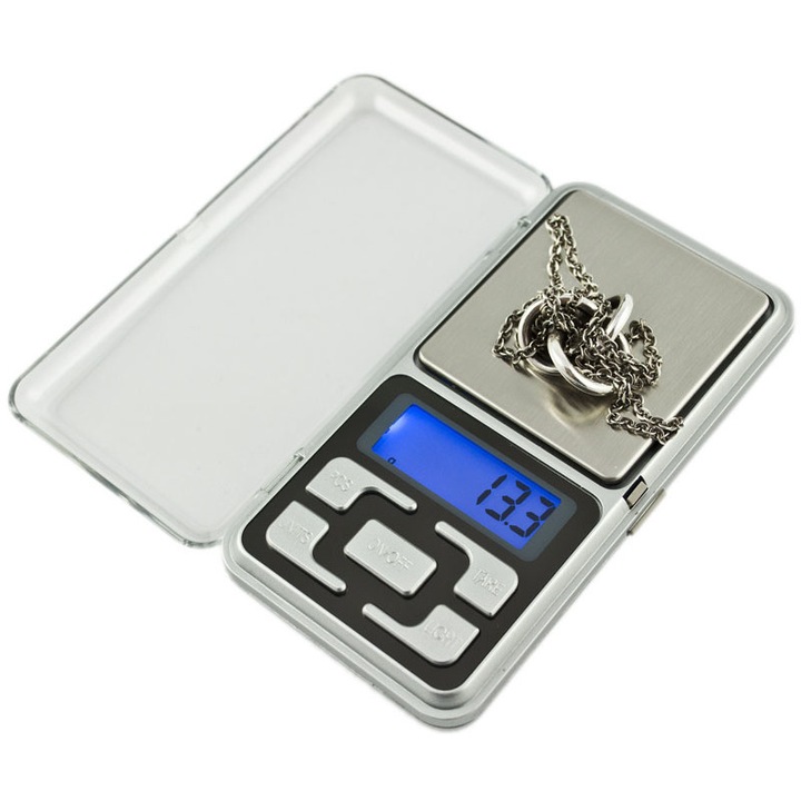 Cantar de precizie de buzunar, ideal pentru bijuterii, 0,01-200 g, 12 cm x 6,5 cm x 2 cm, argintiu