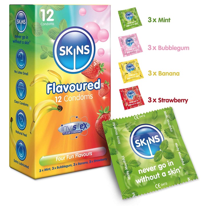 Set 12 Prezervative, Skins - Flavoured, Latex, Transparent