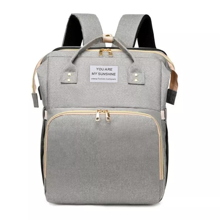 Rucsac Multifunctional pentru Bebelusi cu Patut Pliabil pentru Schimbat Scutece, Rezistent la Apa, 40x32 cm, Gri