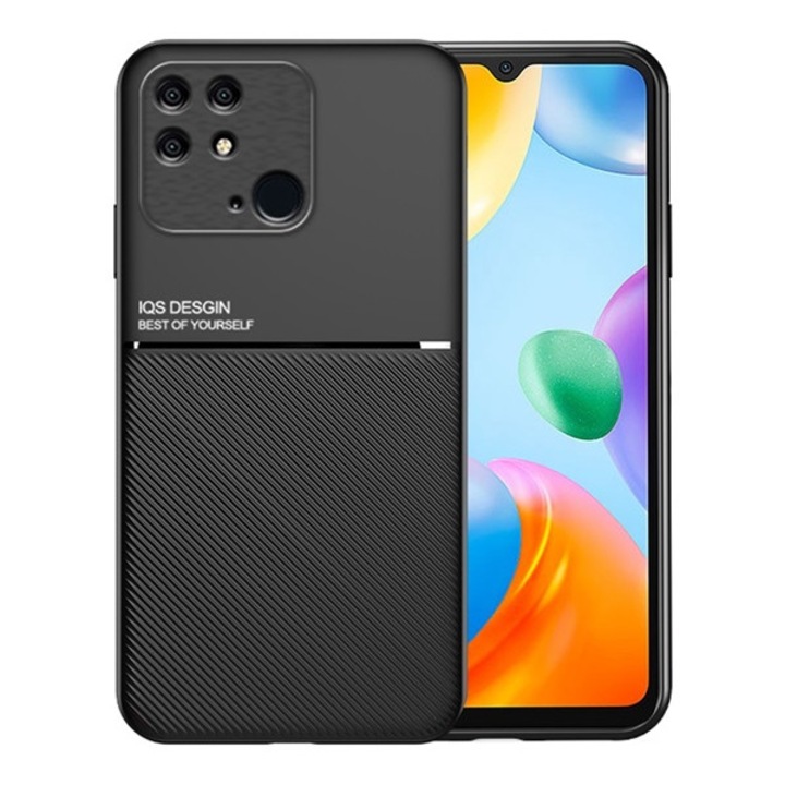 Xiaomi Redmi 10C Műanyag Telefonvédő (Szilikon Keret, Közepesen Ütésálló, Beépített Fémlemez, Bőr Hatású Hátlap, Csíkos Minta) Fekete