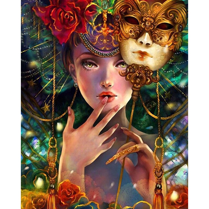 Set de broderie cu diamante, Femeie Mascata 2, Moments, Multicolor, 45x55 cm, margele patrate