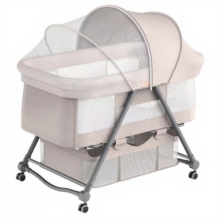 Patut Pliabil pentru Bebelusi, WOWSTEP®, Usor de Transportat, Sistem de Blocare, Plasa Impotriva Insectelor, Cadru de Aluminiu, Cos Depozitare, Crem