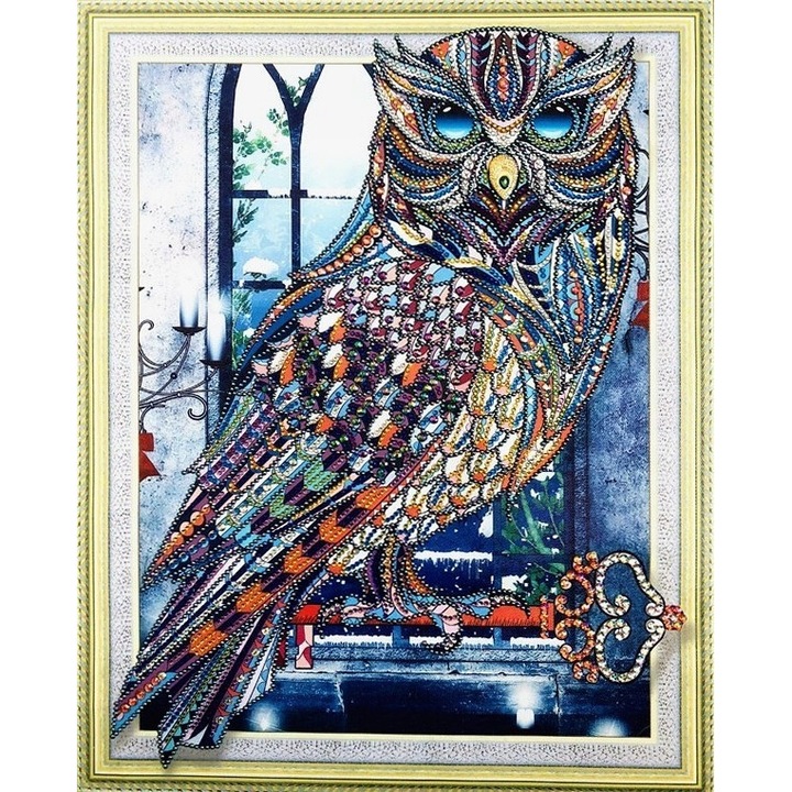 Set de broderie cu diamante 5d, 47x57 cm, Bufnita, Multicolor