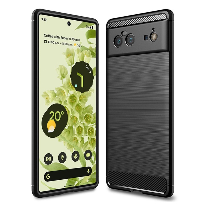Husa de silicon pentru Google Pixel 6, Protection Camera, Fibra de Carbon, Negru