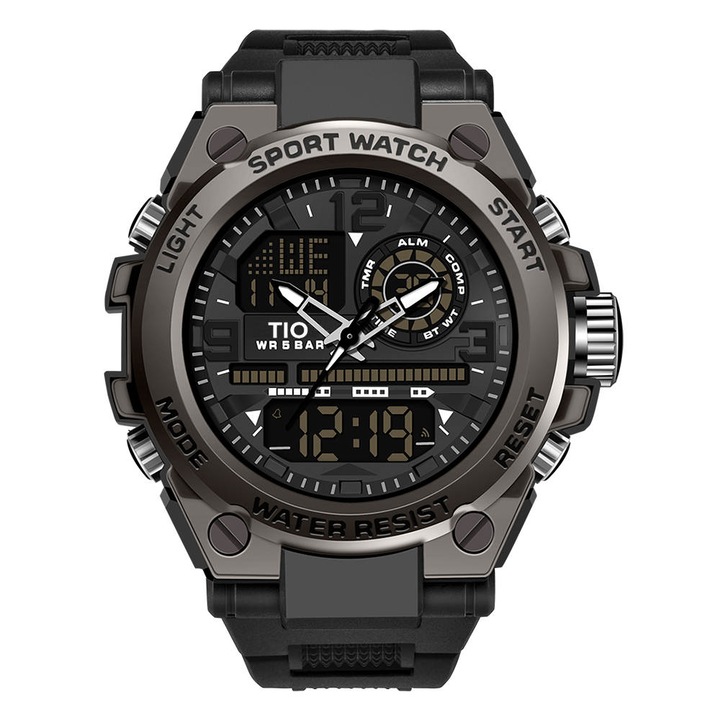 TIO Мъжки ръчен часовник, армейски стил, военен, хронограф, цифров, спортен, ударо- и водоустойчив, черен