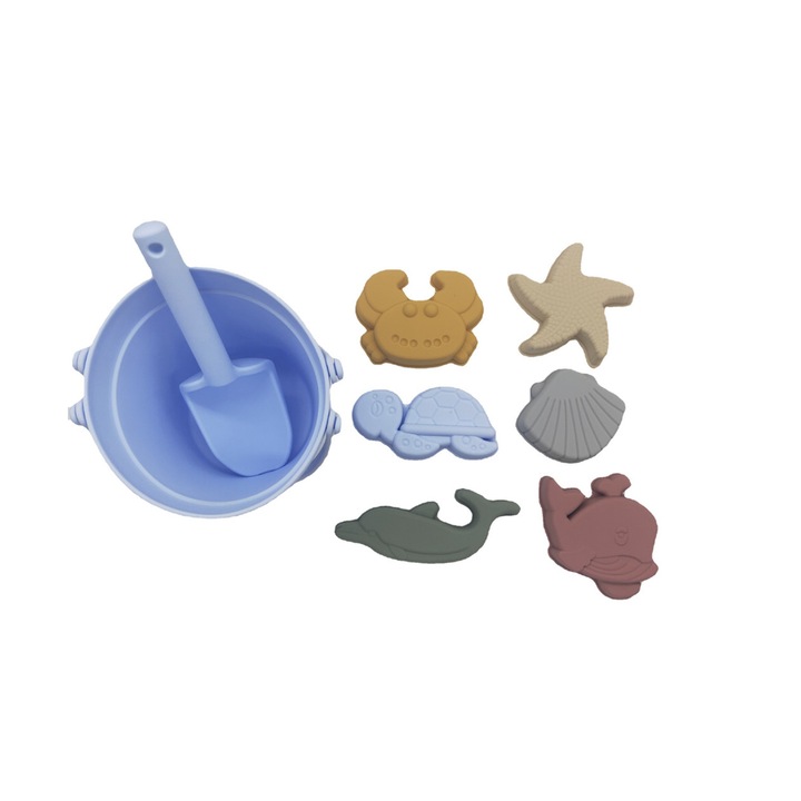 Set jucarii pentru plaja din silicon, o galeata, o lopatica si 6 forme pentru nisip, Albastru