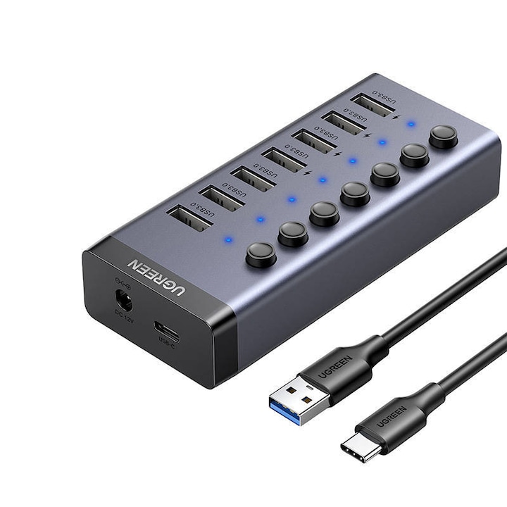 LED хъб със 7 порта x USB 3.0, сив