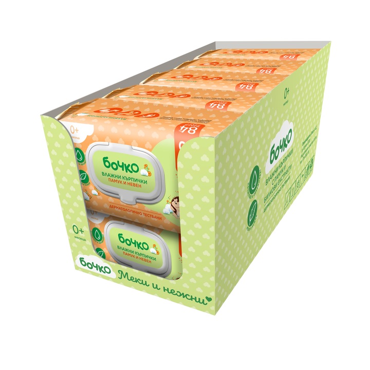 Комплект влажни кърпички Бочко с памук и невен, 84 бр, в кашон 10 бр