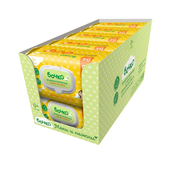 Комплект влажни кърпички Бочко, С памук и лайка, 84 бр, В кашон 10 бр