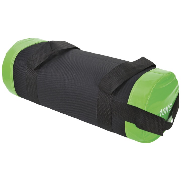 Sac greutati pentru fitness Amila Power, PVC, Umplutura nisip, 10 kg, Negru/Verde