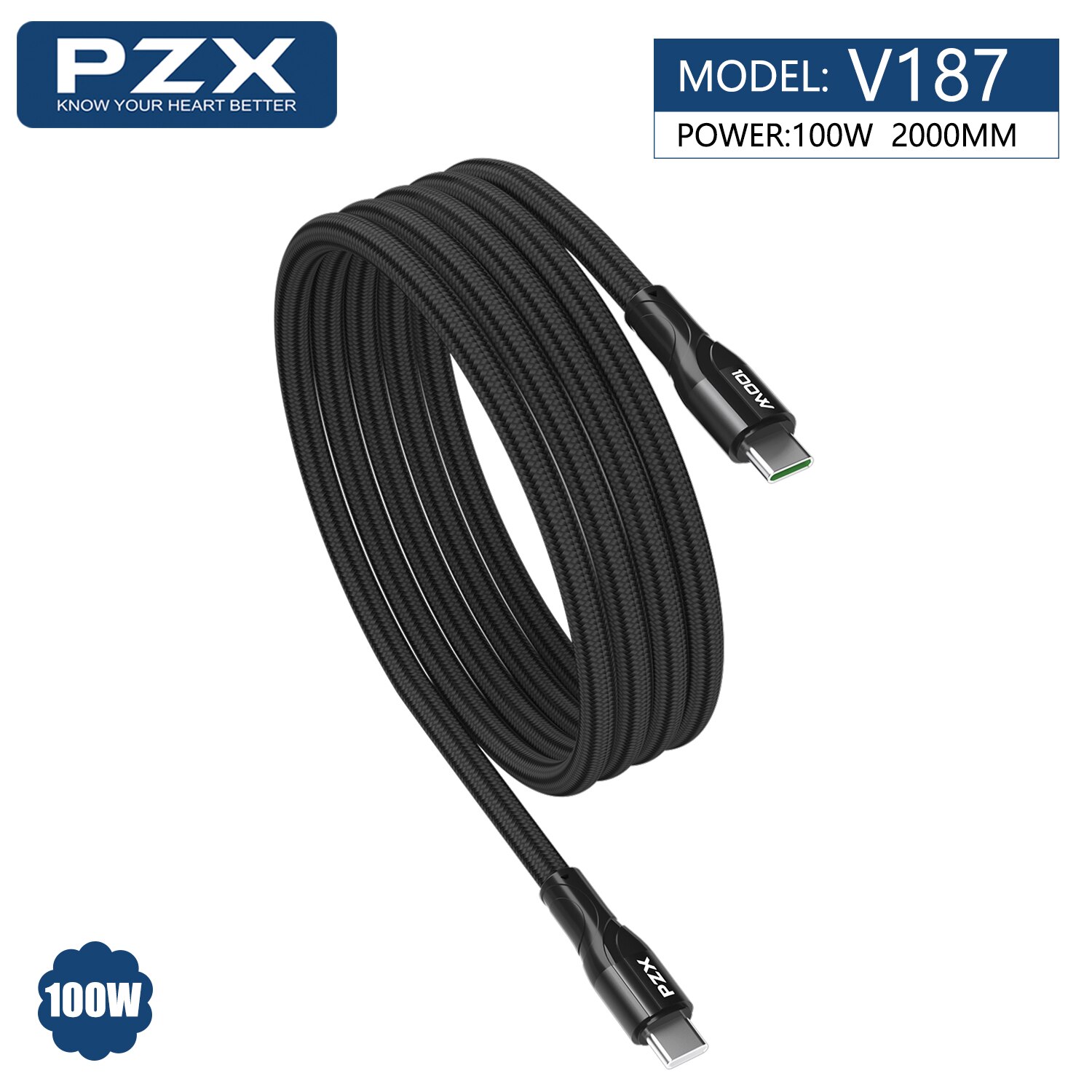 Cablu USB PZX, V187, TYPE-C tata la TYPE-C tata, 10 0W, 2 m