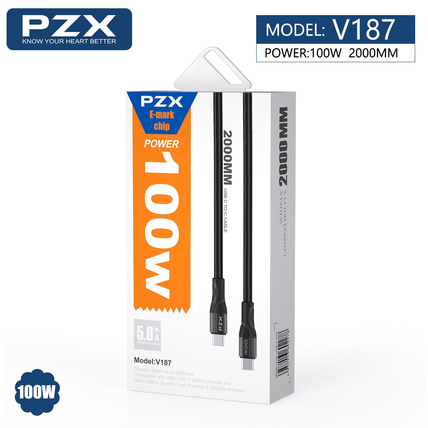 Cablu USB PZX, V187, TYPE-C tata la TYPE-C tata, 10 0W, 2 m