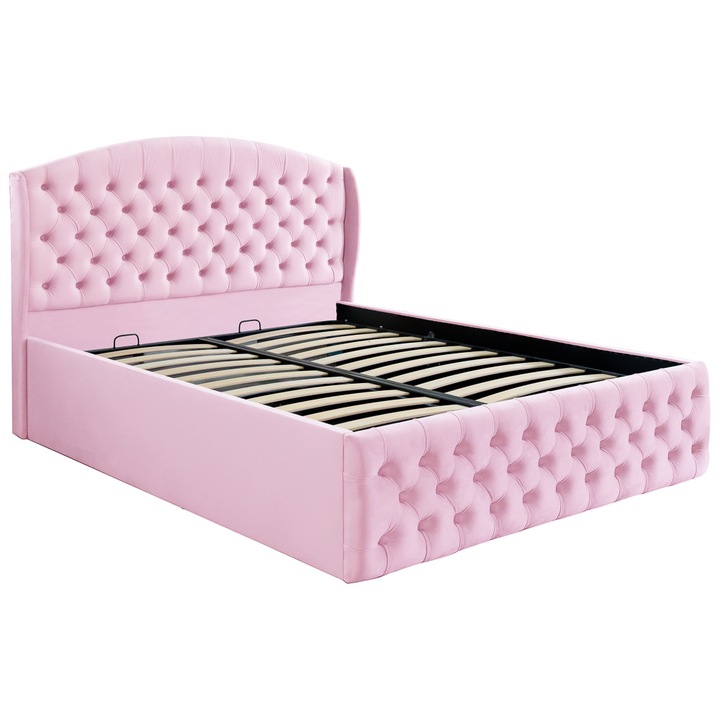 Pat dublu tapitat model Vancouver 120/200 cm culoare roz cu somiera metalica rabatabila si spatiu de depozitare