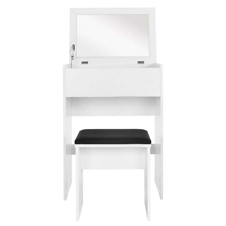 Masa de machiaj, ML-Design, 60 x 40 x 122 cm, alb, PAL melaminat, scaun, oglinda, blat rabatabil, stabilitate ridicata