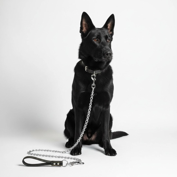 Lesa din lant cromat pentru caini de talie mare, maner negru din piele ecologica, 120 cm x 4 mm