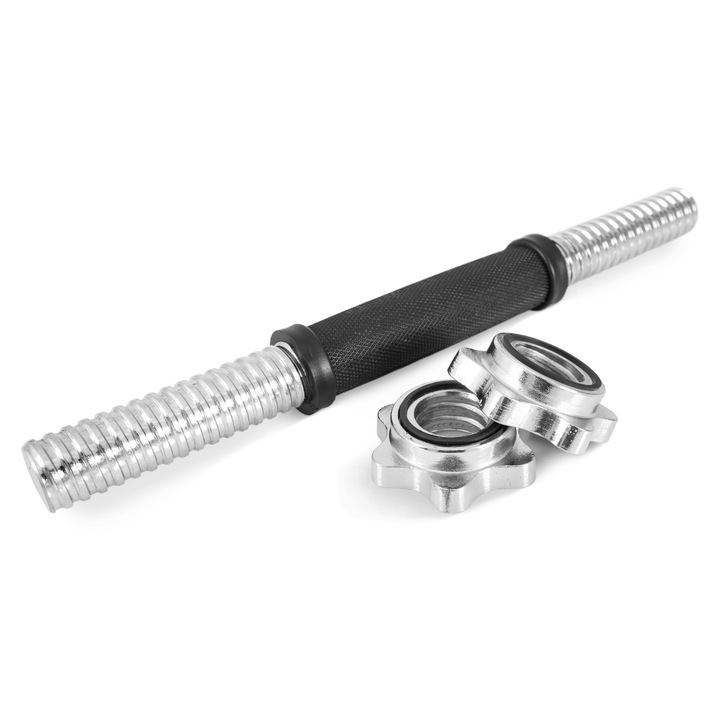 Bara gantere scurta Amila, Otel, 2 kg, Lungime 35 cm, Diametru 28 mm, Argintiu / Negru